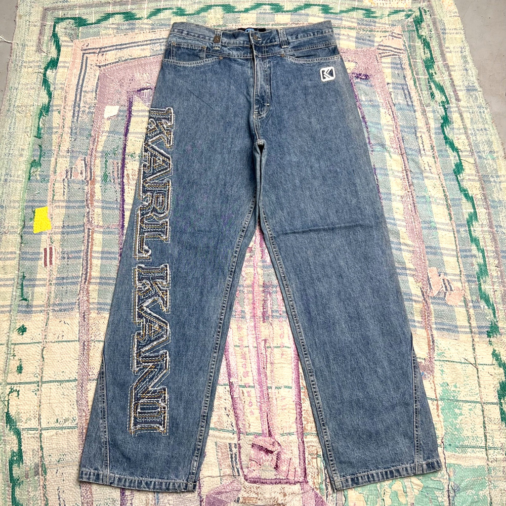 Vintage Karl Kani Big Embroidery Blue Jeans Size 36x33 Baggy y2k Rare